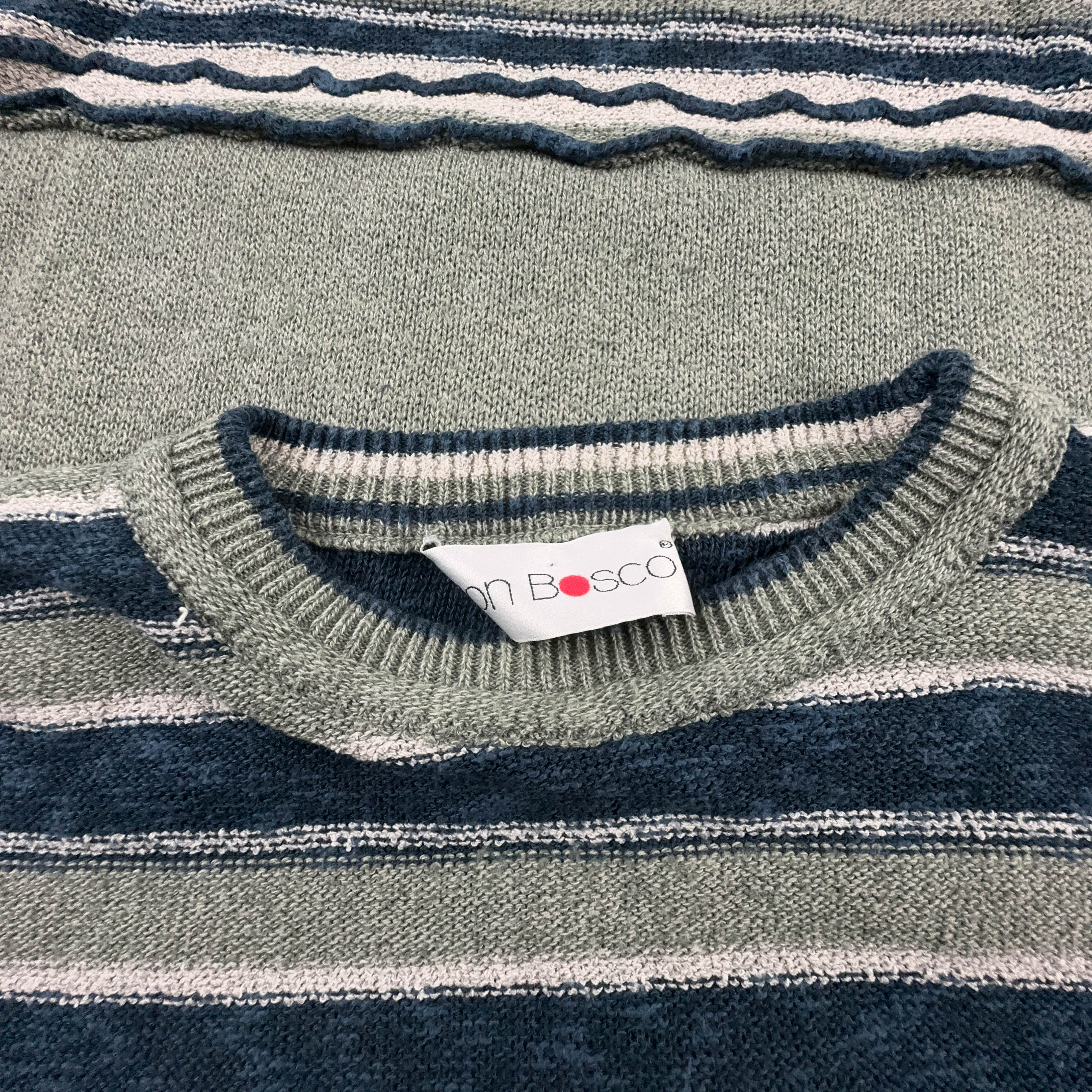 Maglione Vintage verde e blu a righe girocollo 12% lino anni 80 90 - Taglia L/XL uomo