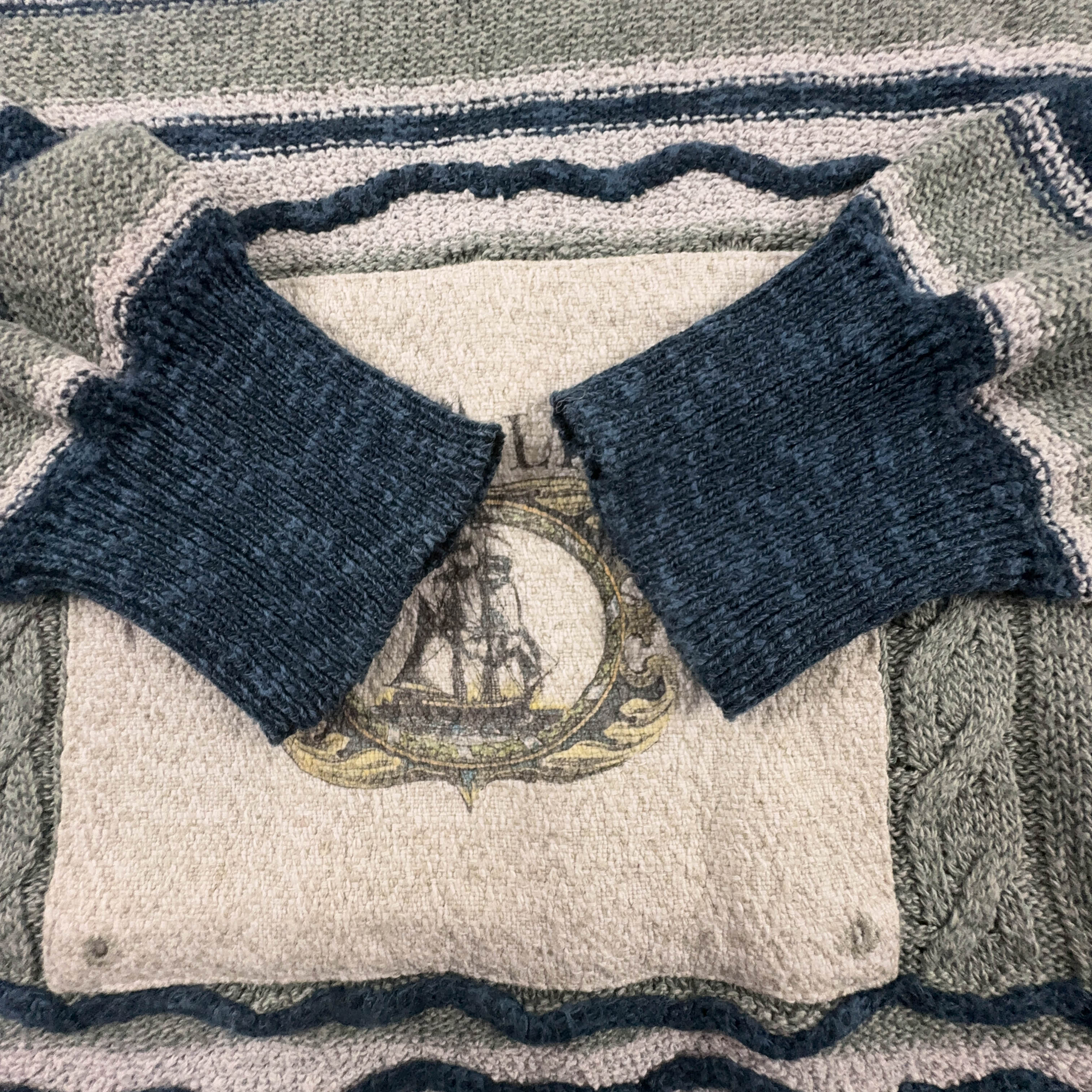 Maglione Vintage verde e blu a righe girocollo 12% lino anni 80 90 - Taglia L/XL uomo