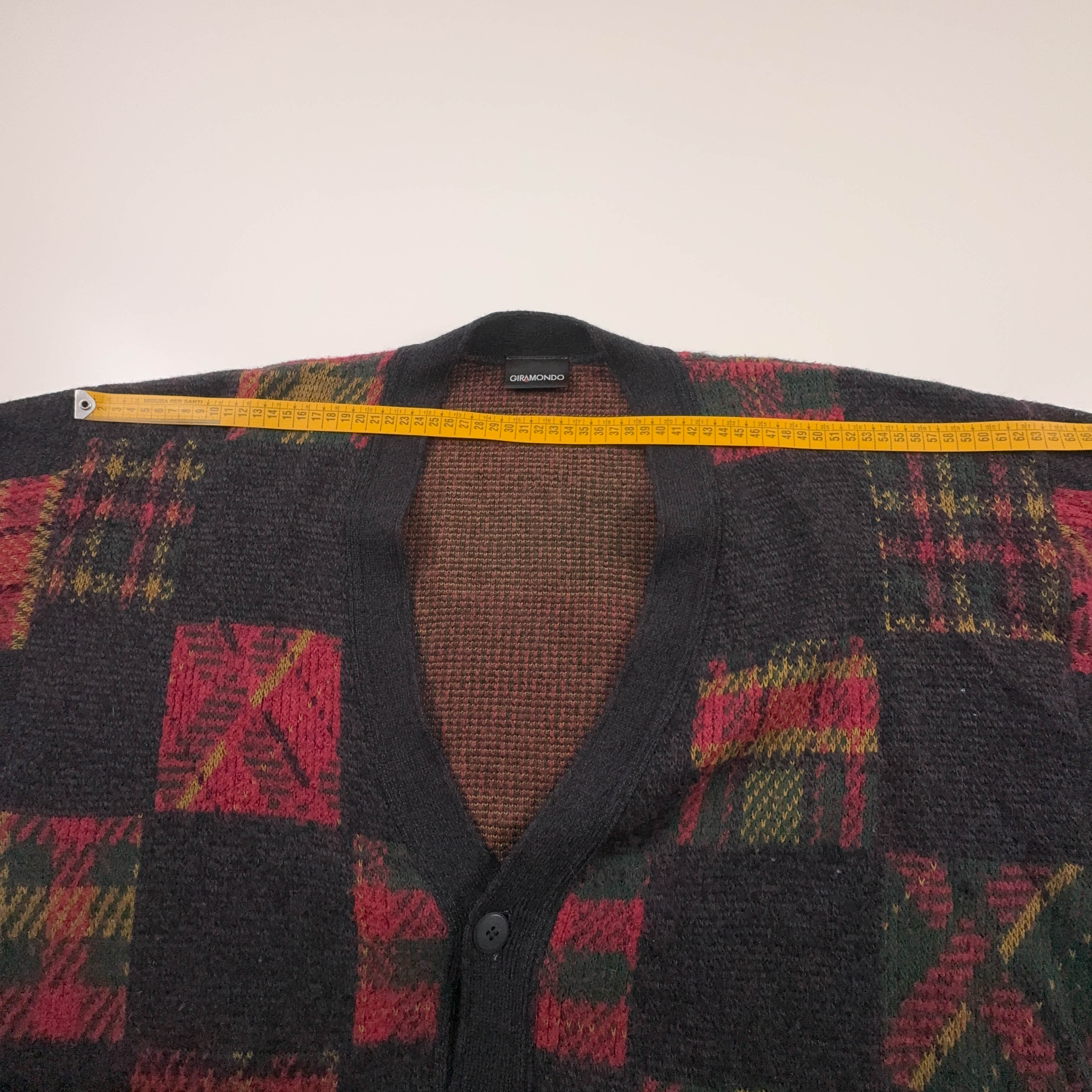 Cardigan Vintage nero e rosso a quadri 60% lana e alpaca anni 80 90 - Taglia L uomo