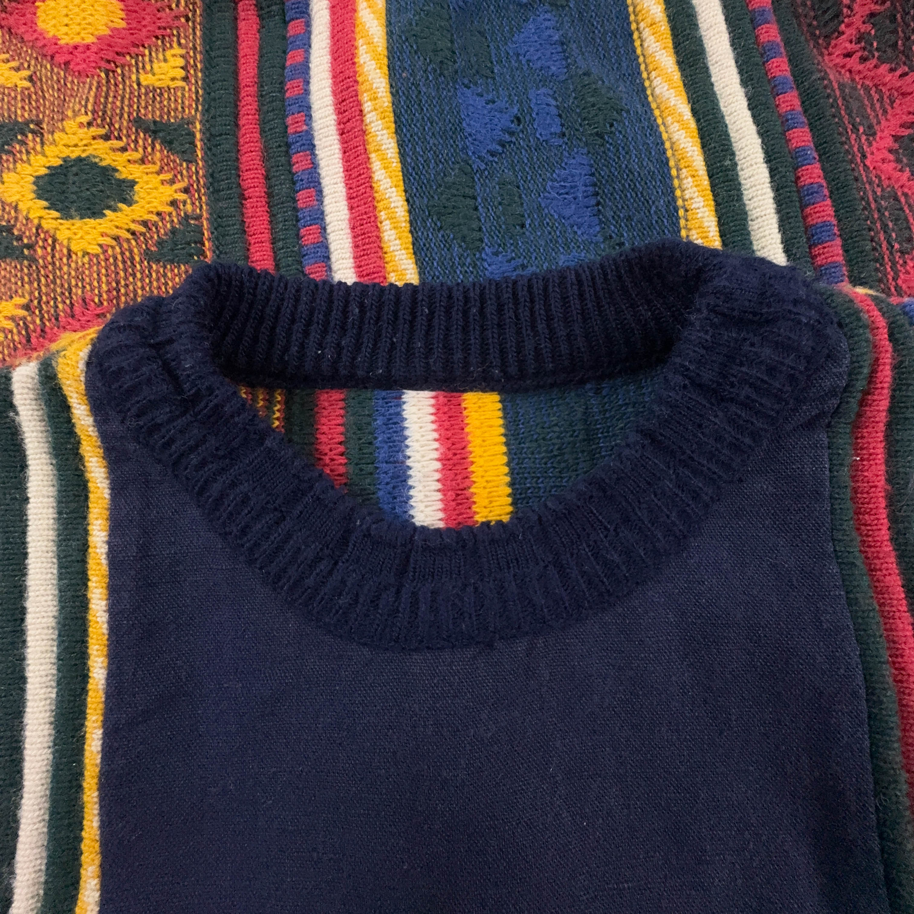 Maglione Vintage blu fantasia multicolore 30% lana anni 80 90 - Taglia 48/50 uomo