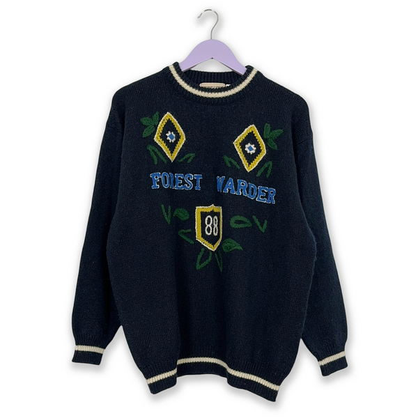Dark Blue Vintage Sweater 50% Wool Crew Neck with Embroidery - Size XL Men