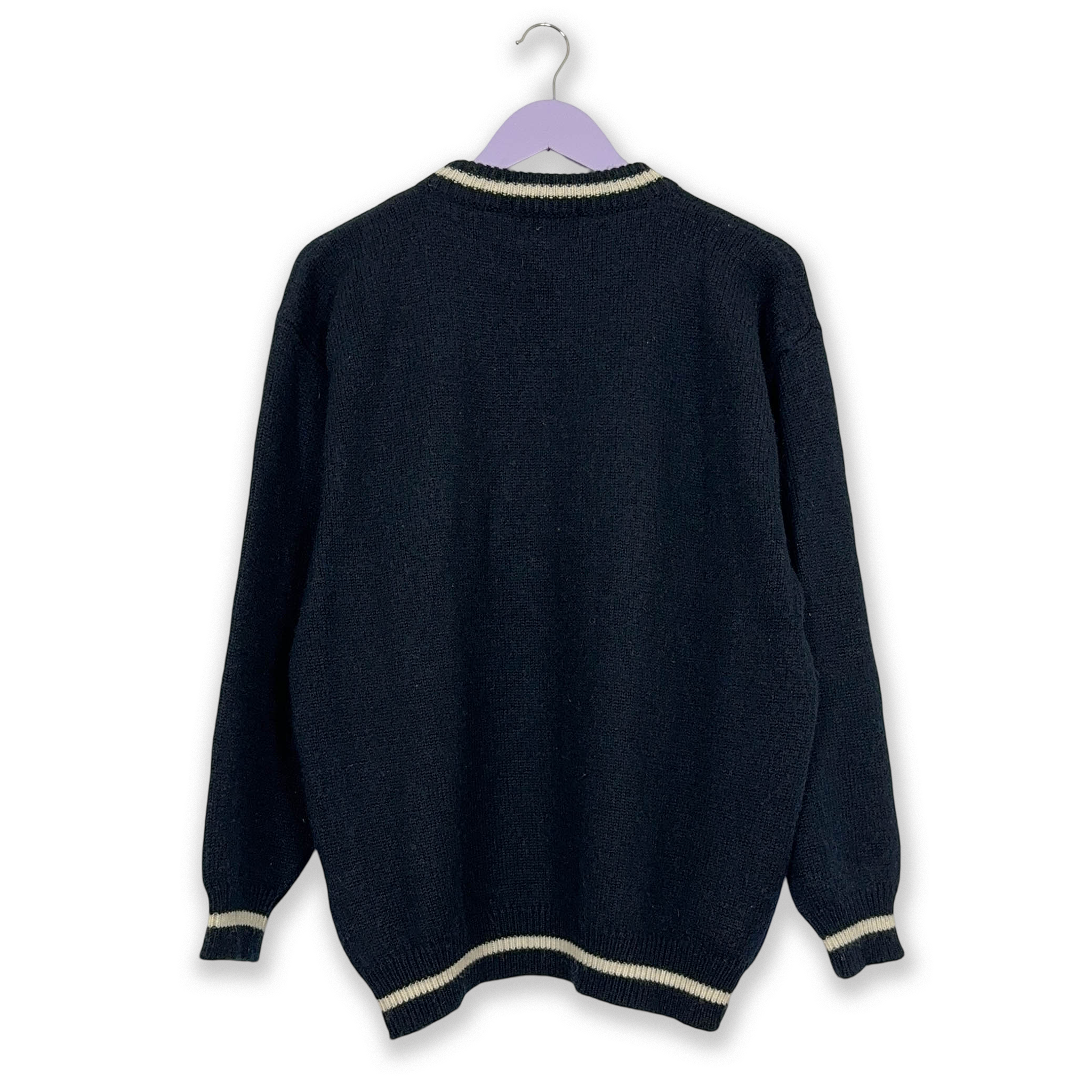 Dark Blue Vintage Sweater 50% Wool Crew Neck with Embroidery - Size XL Men