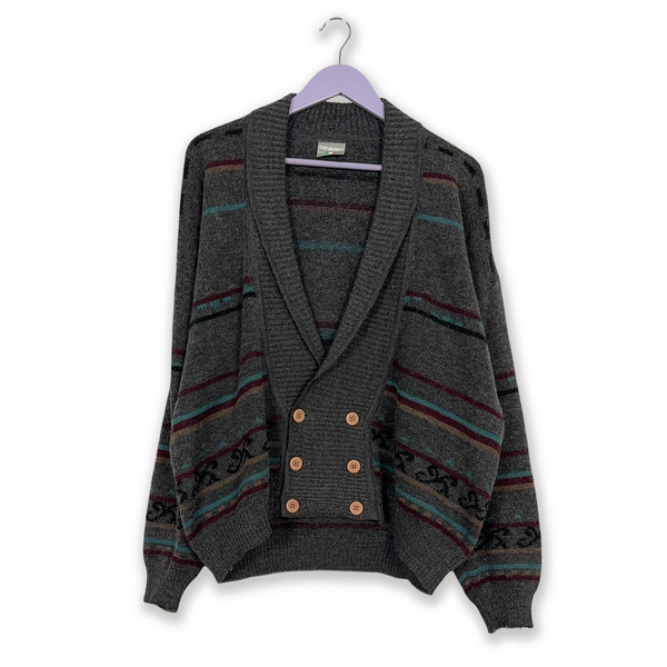 Vintage Grey Patterned Cardigan 50% Wool and Alpaca with Buttons - Size 52 Men