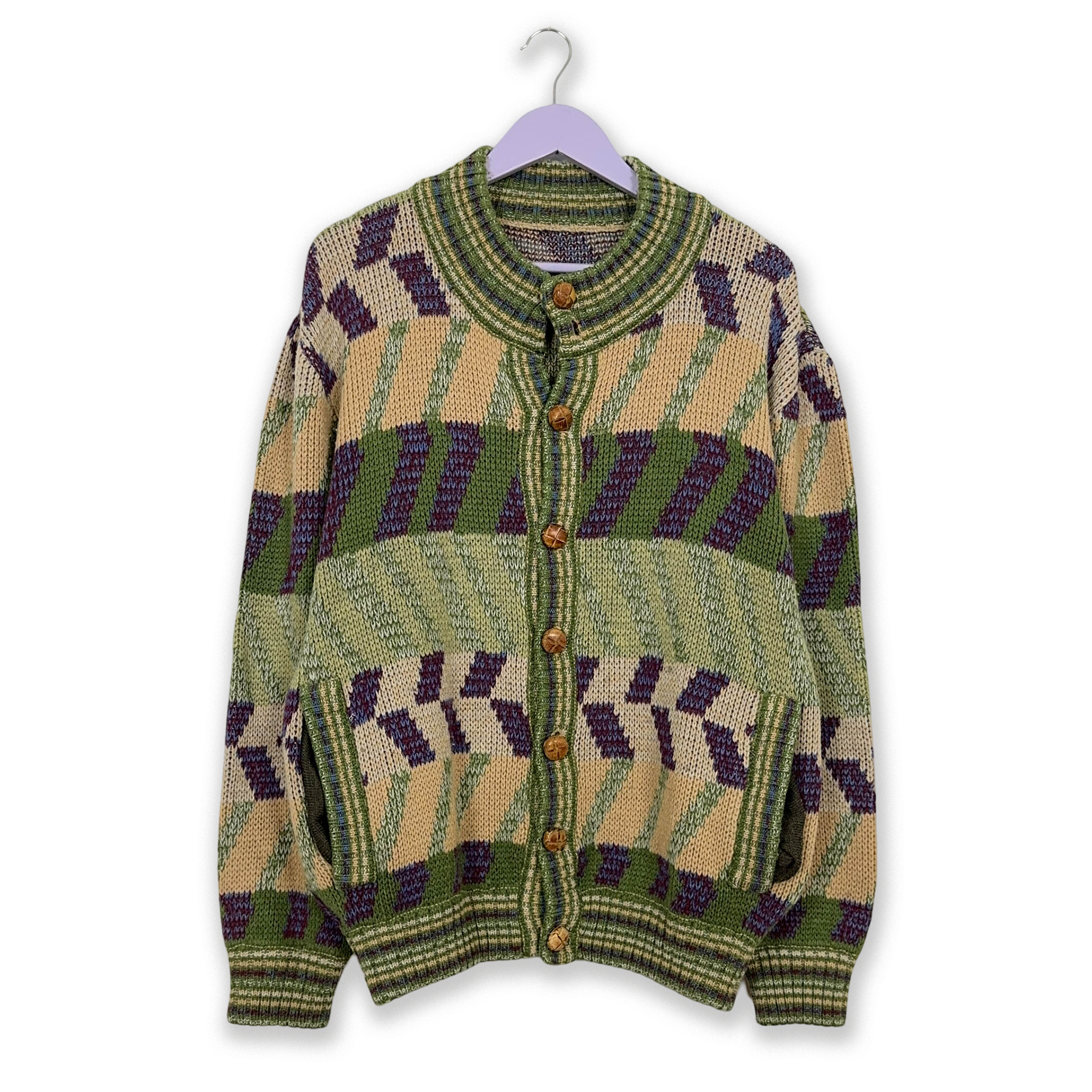 Vintage Green Geometric Pattern Wool Blend Button Up Cardigan - Size L/XL Men