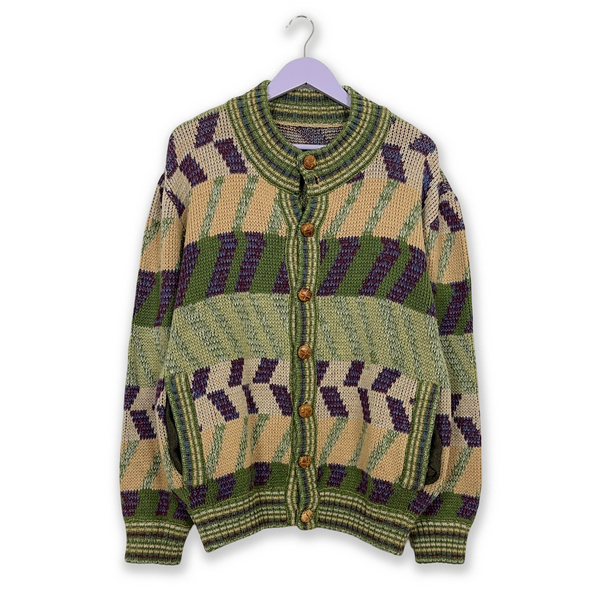 Vintage Green Geometric Pattern Wool Blend Button Up Cardigan - Size L/XL Men