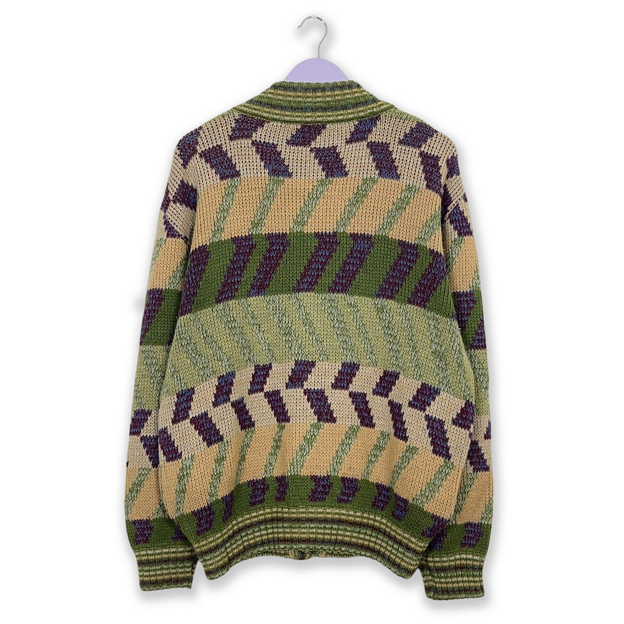 Vintage Green Geometric Pattern Wool Blend Button Up Cardigan - Size L/XL Men