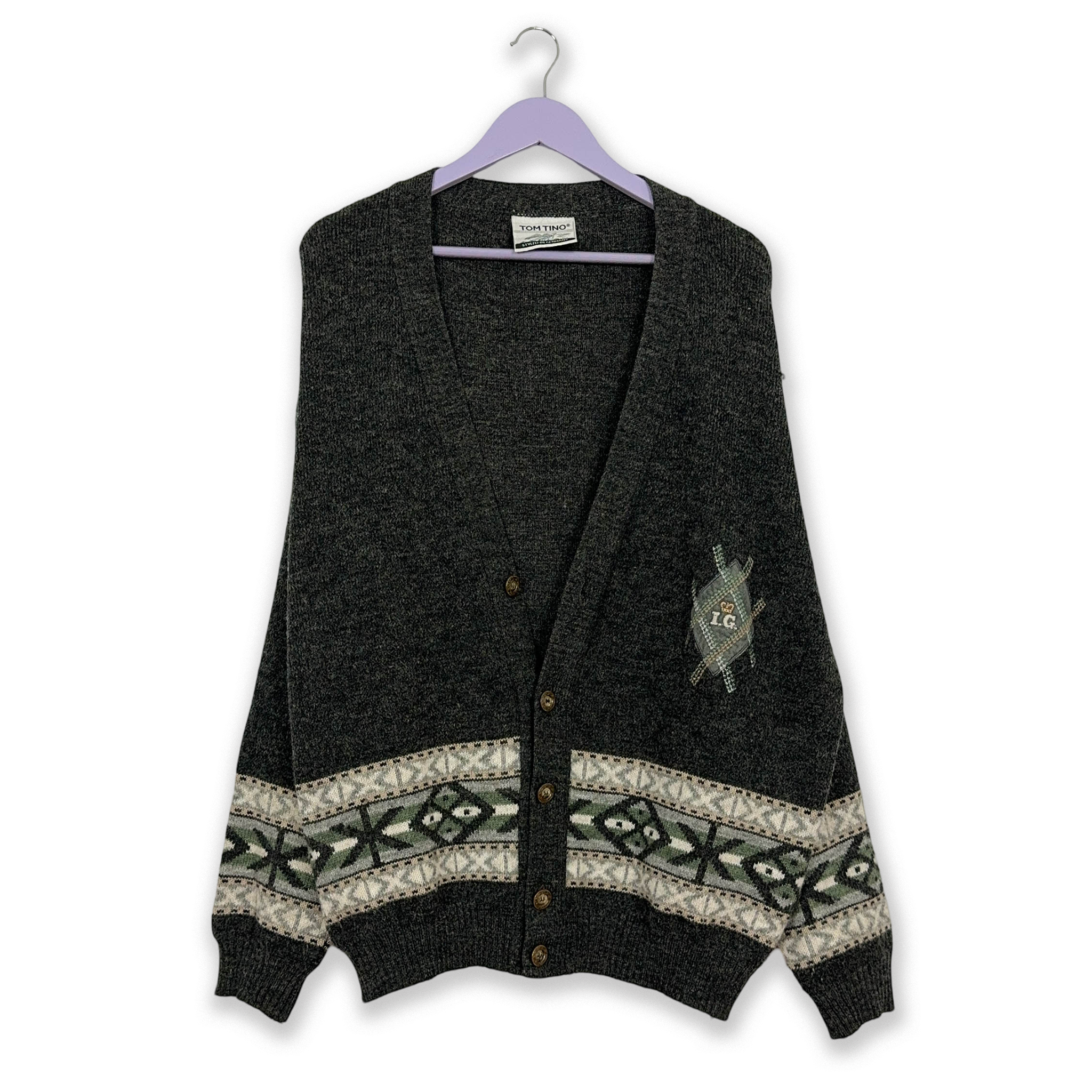 Vintage Cardigan Grey 30% Wool with Embroidery and Buttons - Size 54 Men