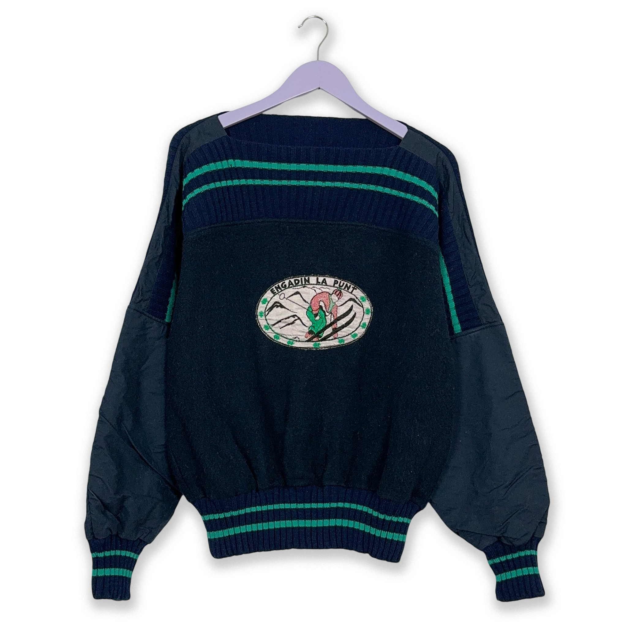 Dark Blue Vintage Sweater 50% Cotton Crew Neck with Patch - Size M/L Men