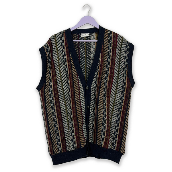 Vintage Multicolor Patterned Vest 40% Wool with Buttons - Size 60 Men