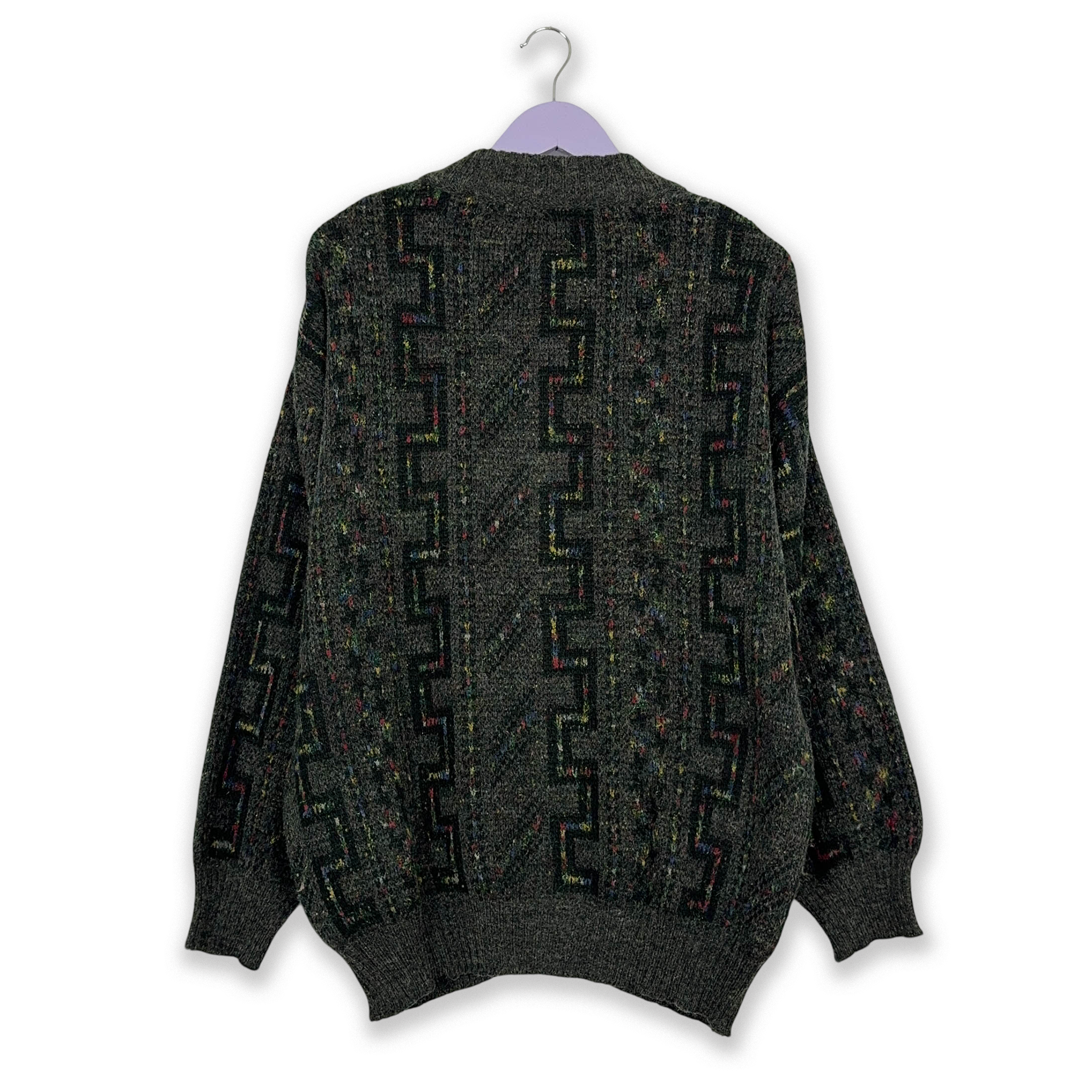 Vintage Grey Patterned Cardigan 40% Wool with Buttons - Size L/XL Men