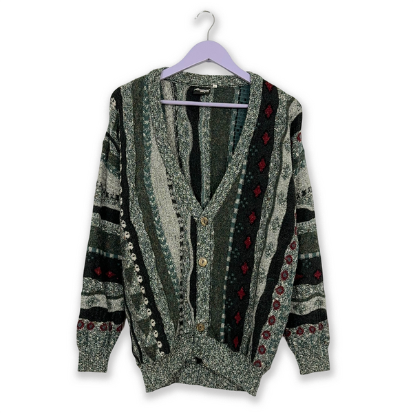 Vintage Cardigan Grey Multicoloured Pattern 32% Wool with Buttons - Size M/L Men