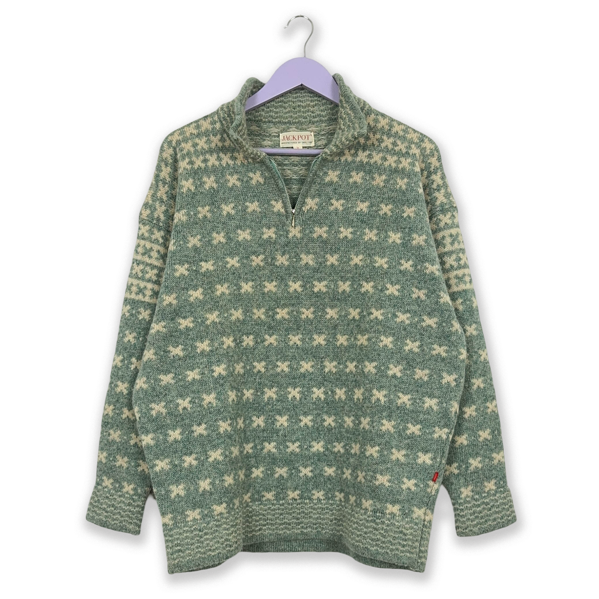 Vintage Sweater Light Blue and Cream 100% Wool Quarter Zip - Size L Men