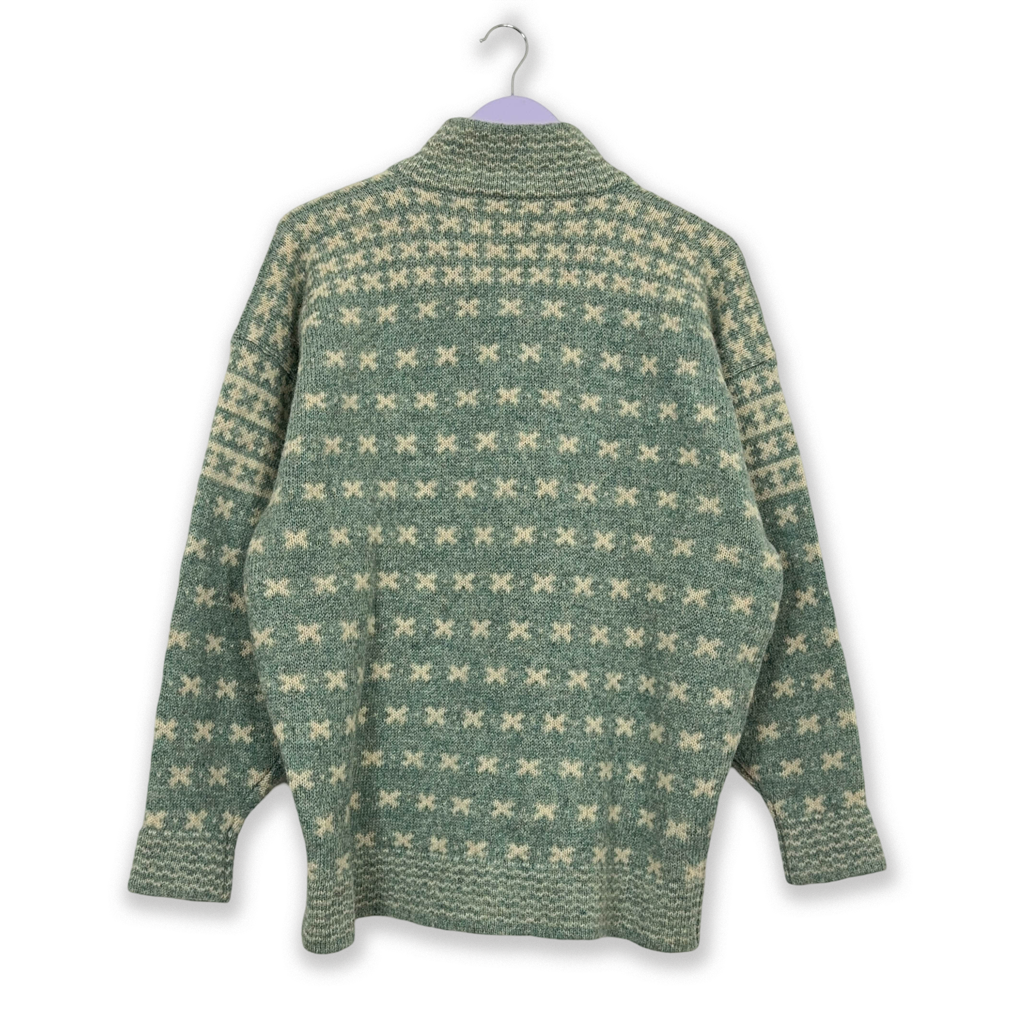 Vintage Sweater Light Blue and Cream 100% Wool Quarter Zip - Size L Men