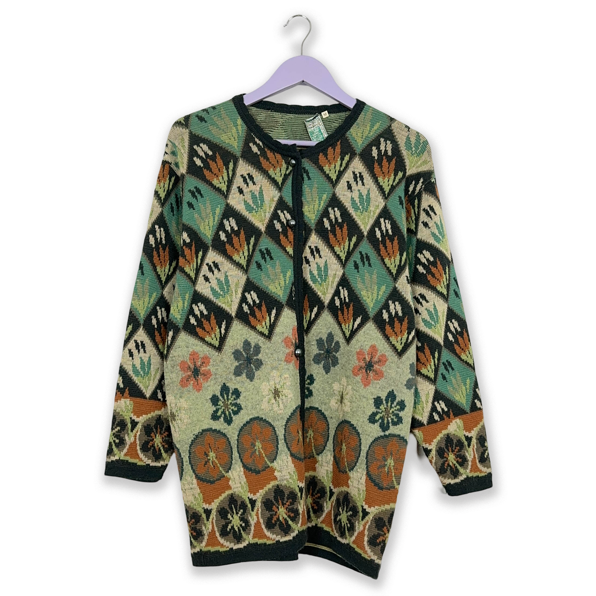 Vintage Cardigan 50% Wool Green and Orange Pattern with Buttons - Size M/L Women