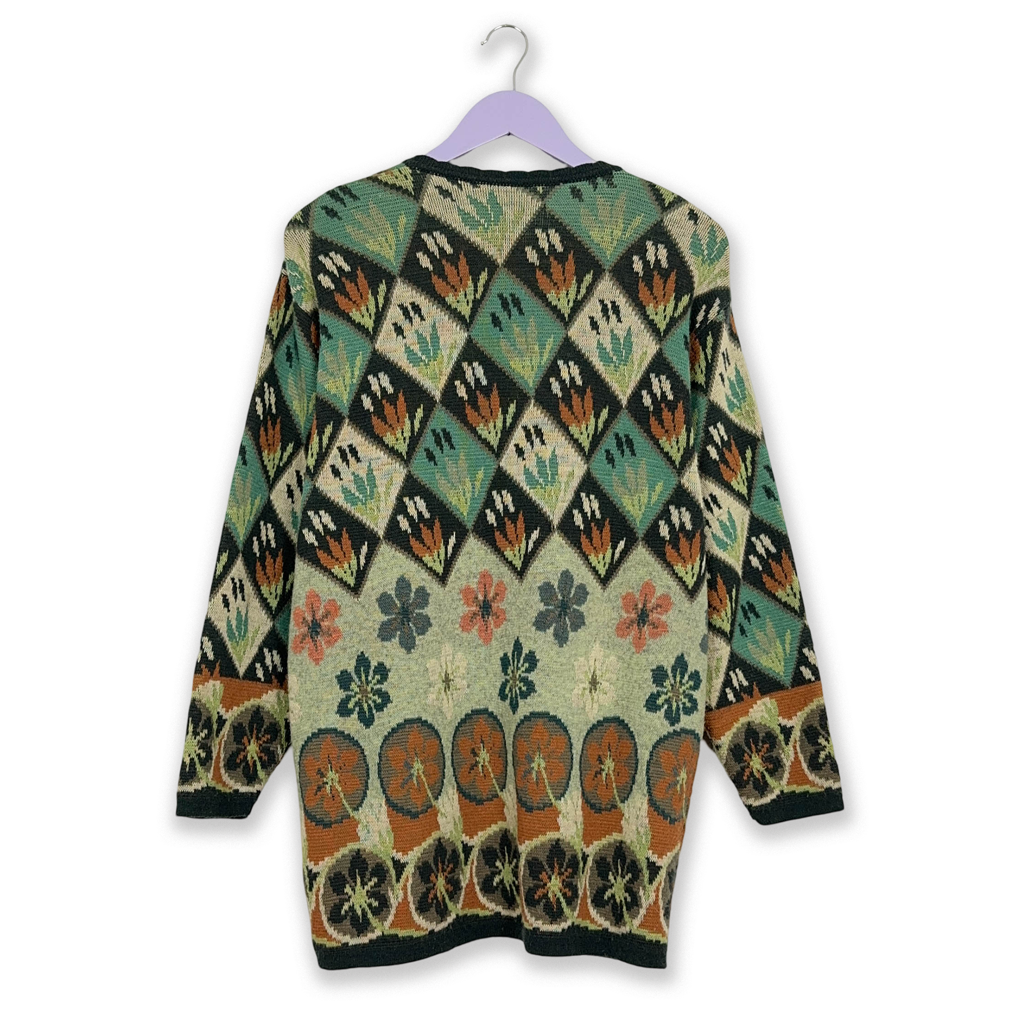 Vintage Cardigan 50% Wool Green and Orange Pattern with Buttons - Size M/L Women