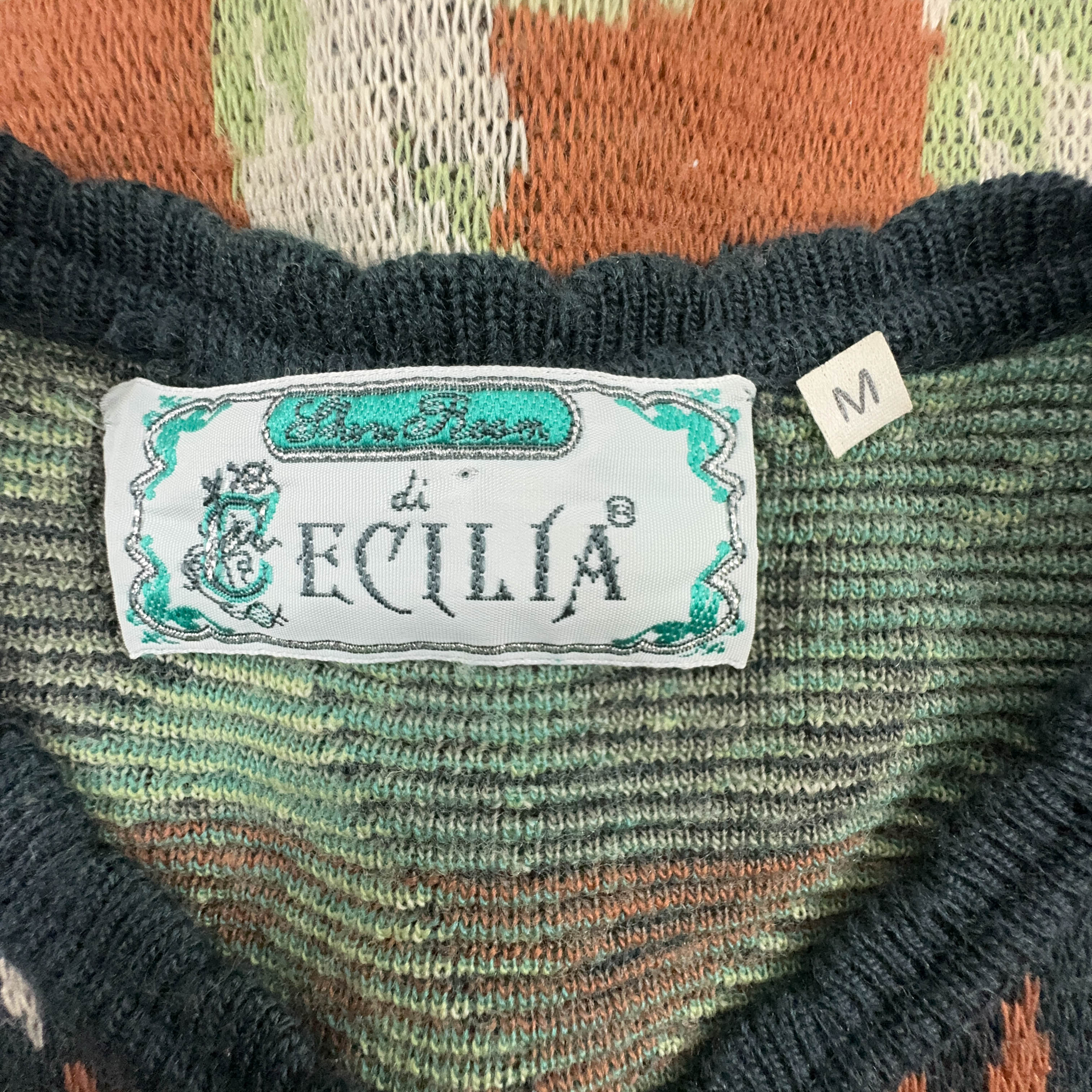 Vintage Cardigan 50% Wool Green and Orange Pattern with Buttons - Size M/L Women