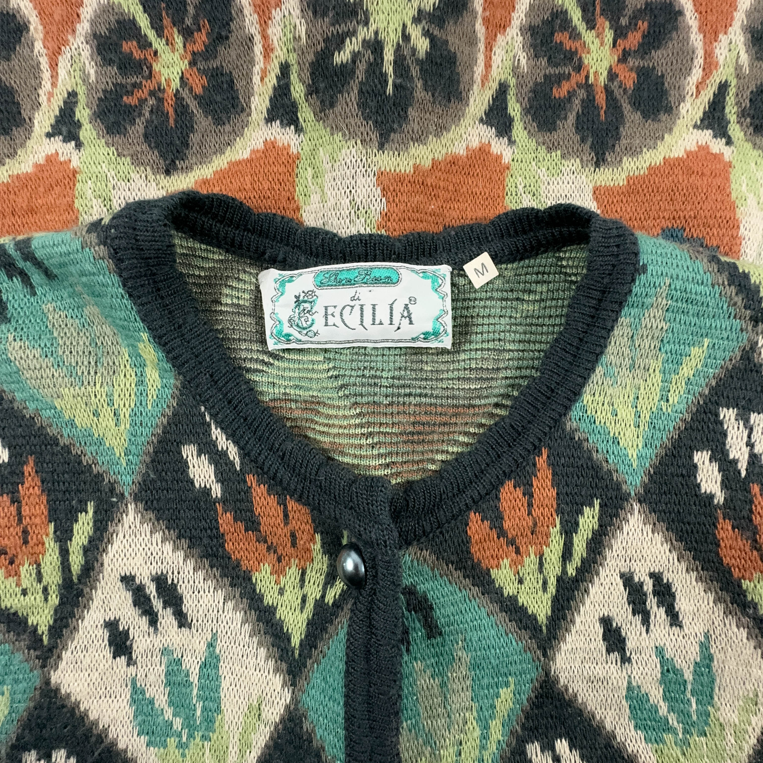 Vintage Cardigan 50% Wool Green and Orange Pattern with Buttons - Size M/L Women