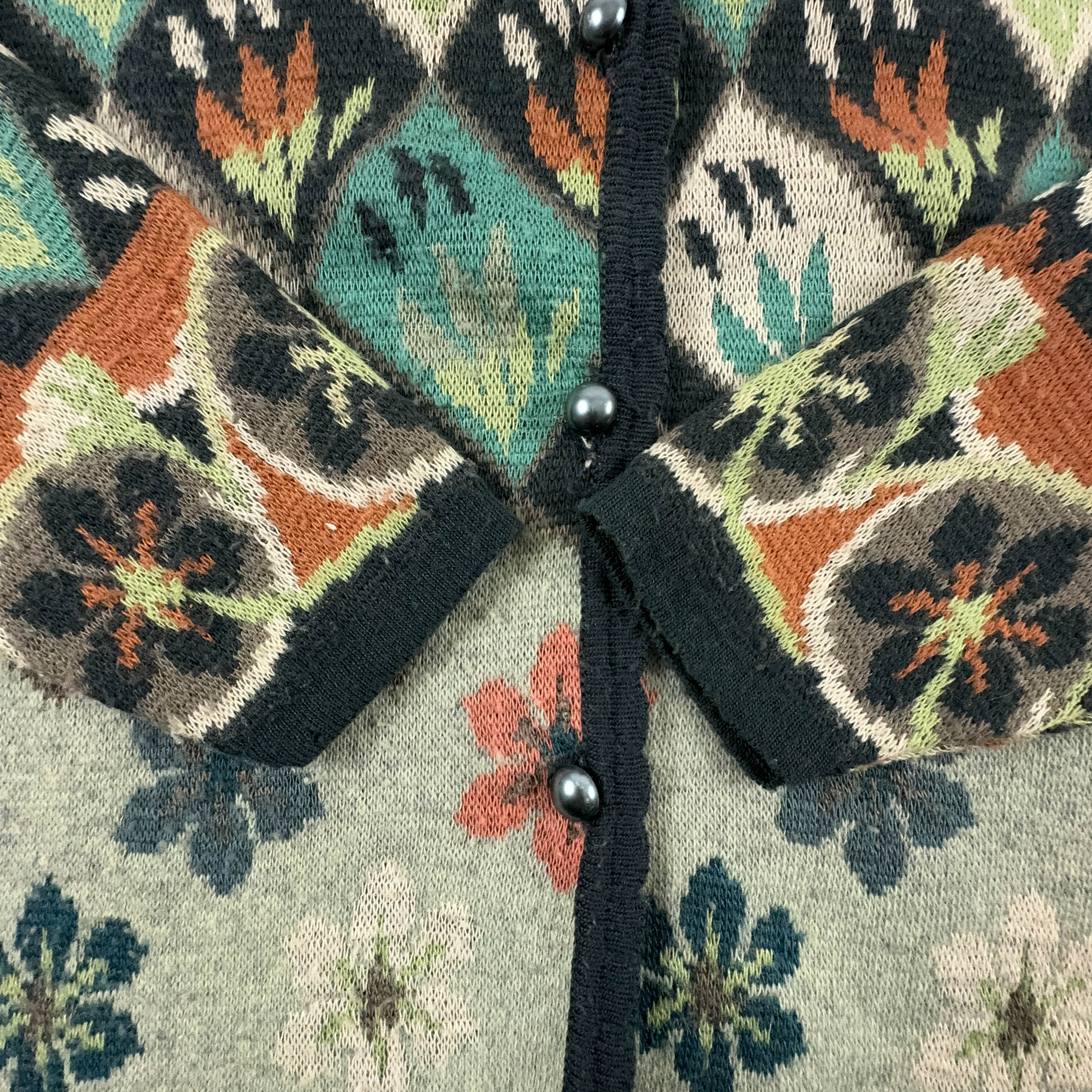 Vintage Cardigan 50% Wool Green and Orange Pattern with Buttons - Size M/L Women