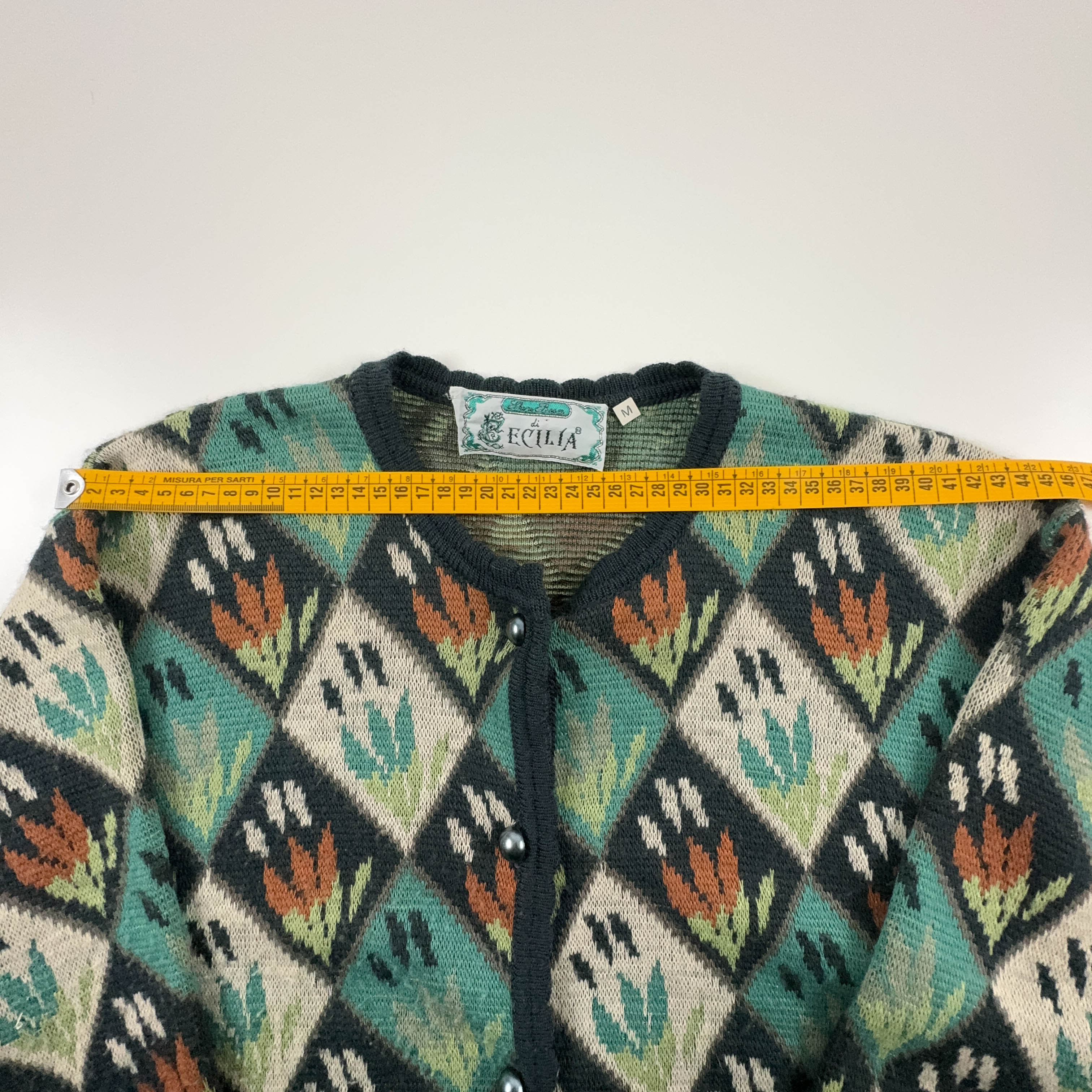 Vintage Cardigan 50% Wool Green and Orange Pattern with Buttons - Size M/L Women