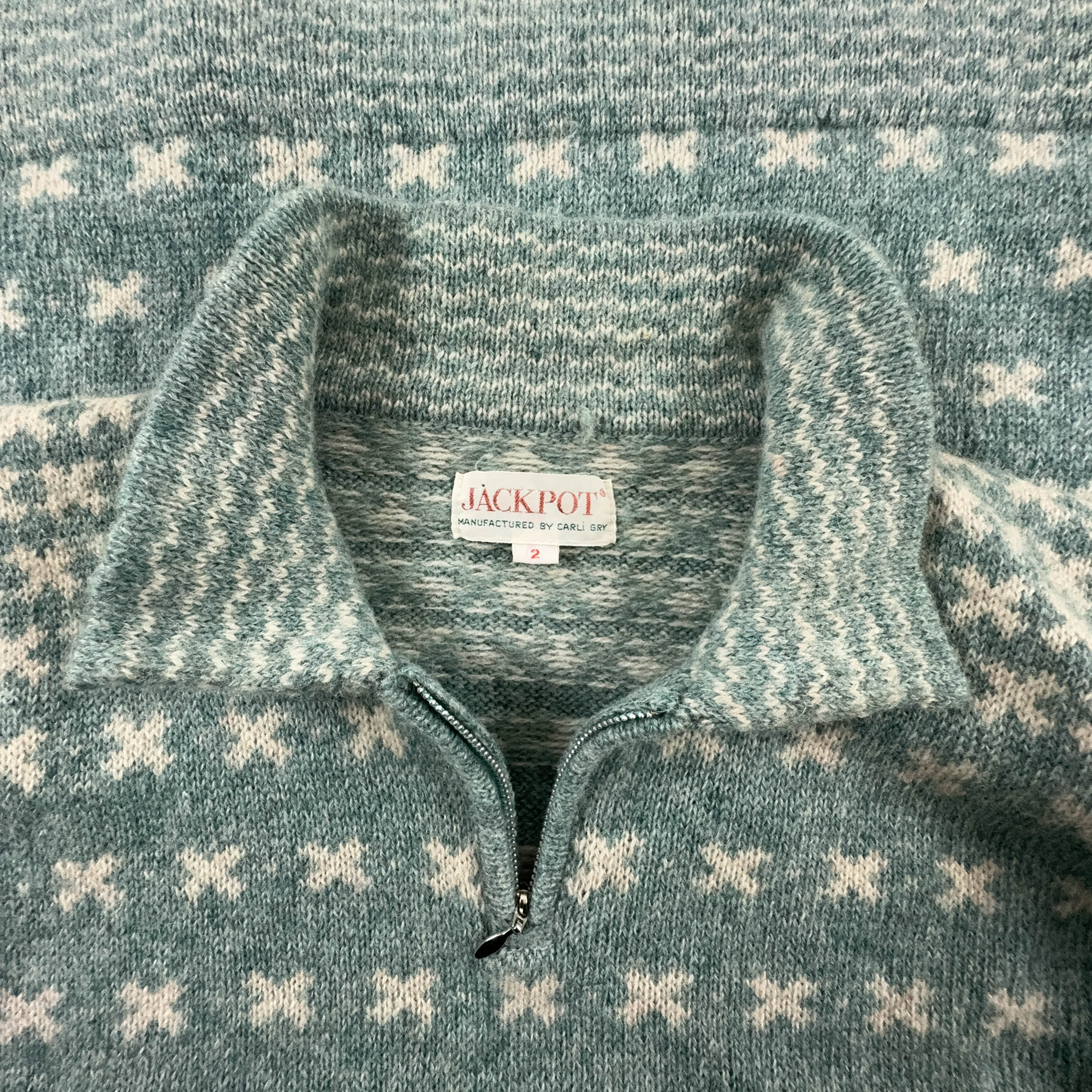 Vintage Sweater Light Blue and Cream 100% Wool Quarter Zip - Size L Men