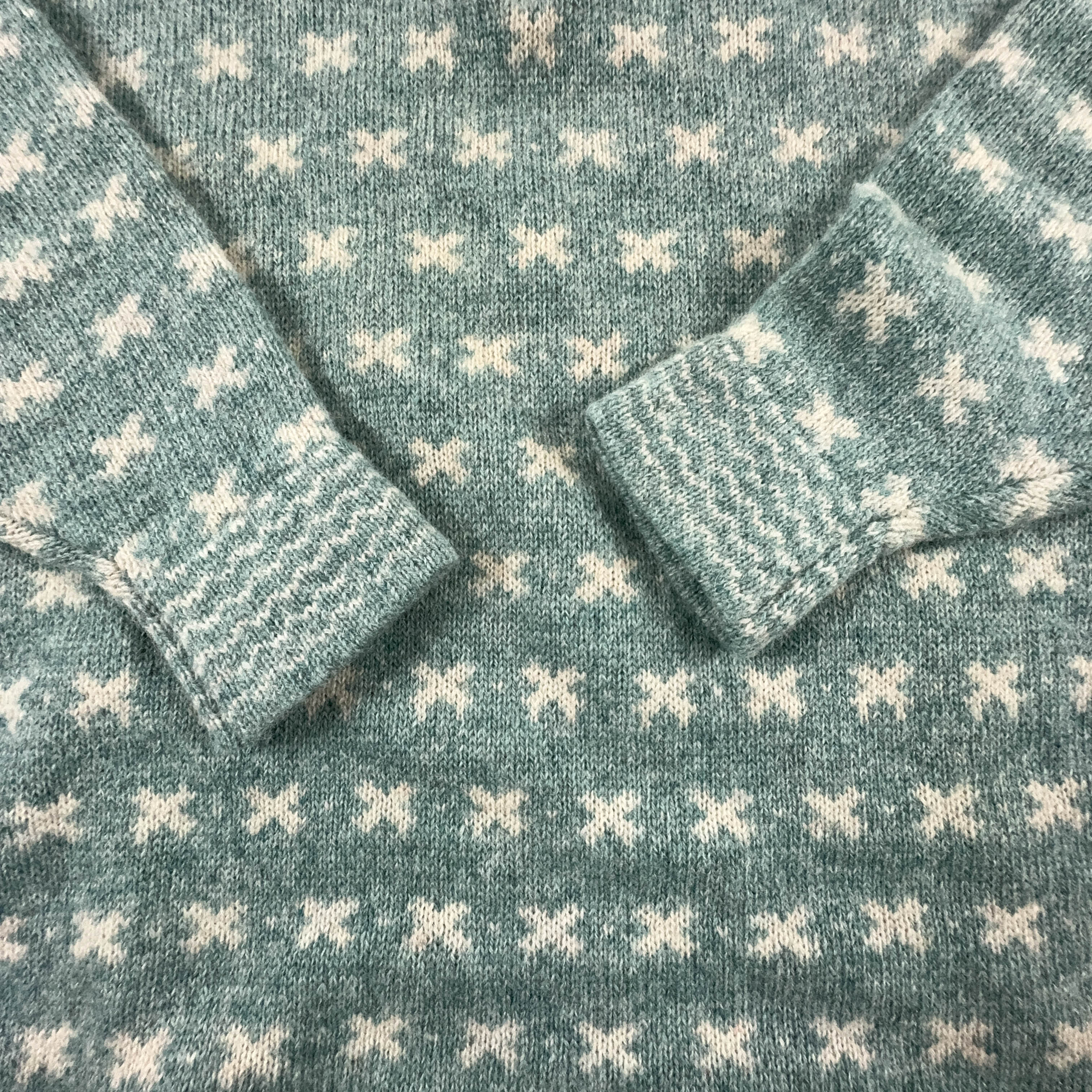 Vintage Sweater Light Blue and Cream 100% Wool Quarter Zip - Size L Men