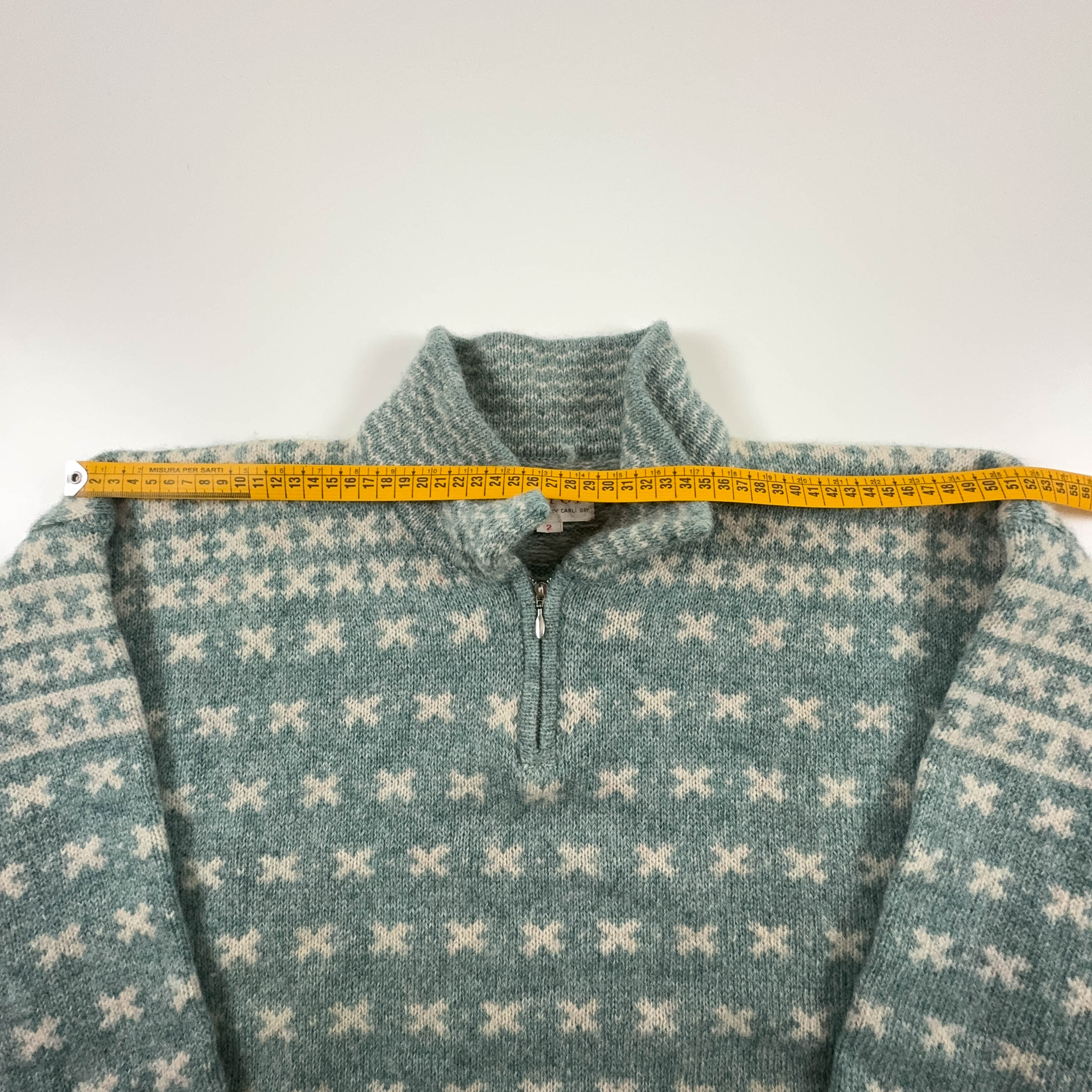 Vintage Sweater Light Blue and Cream 100% Wool Quarter Zip - Size L Men