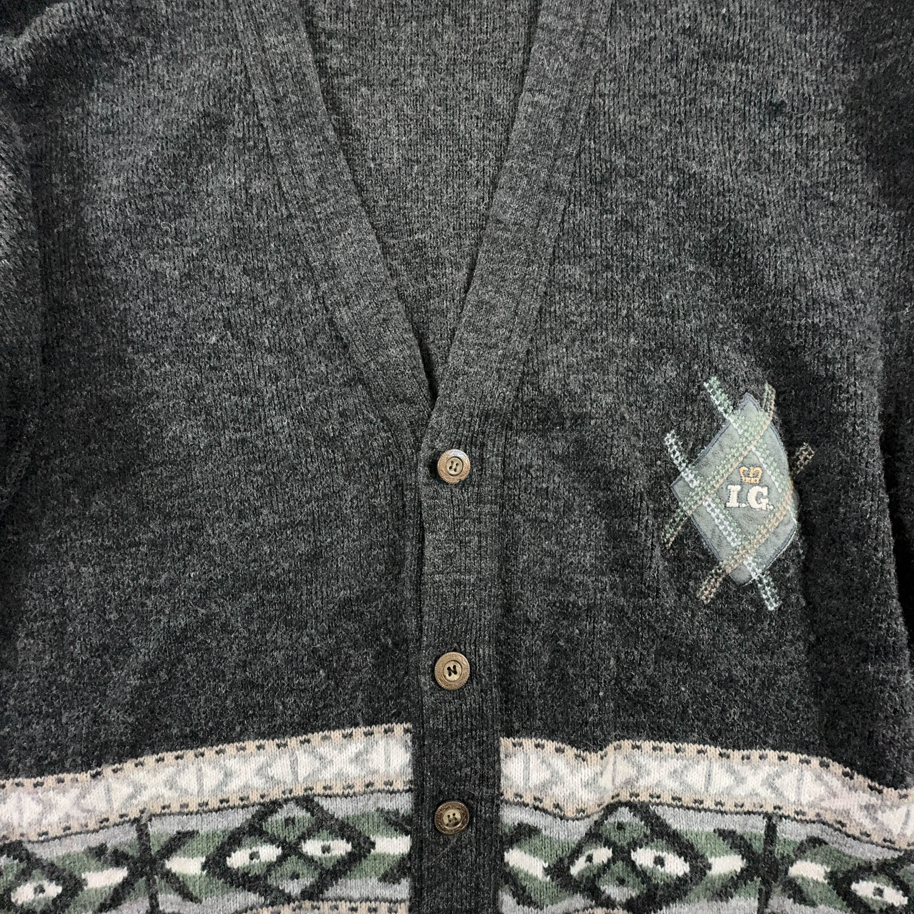 Vintage Cardigan Grey 30% Wool with Embroidery and Buttons - Size 54 Men