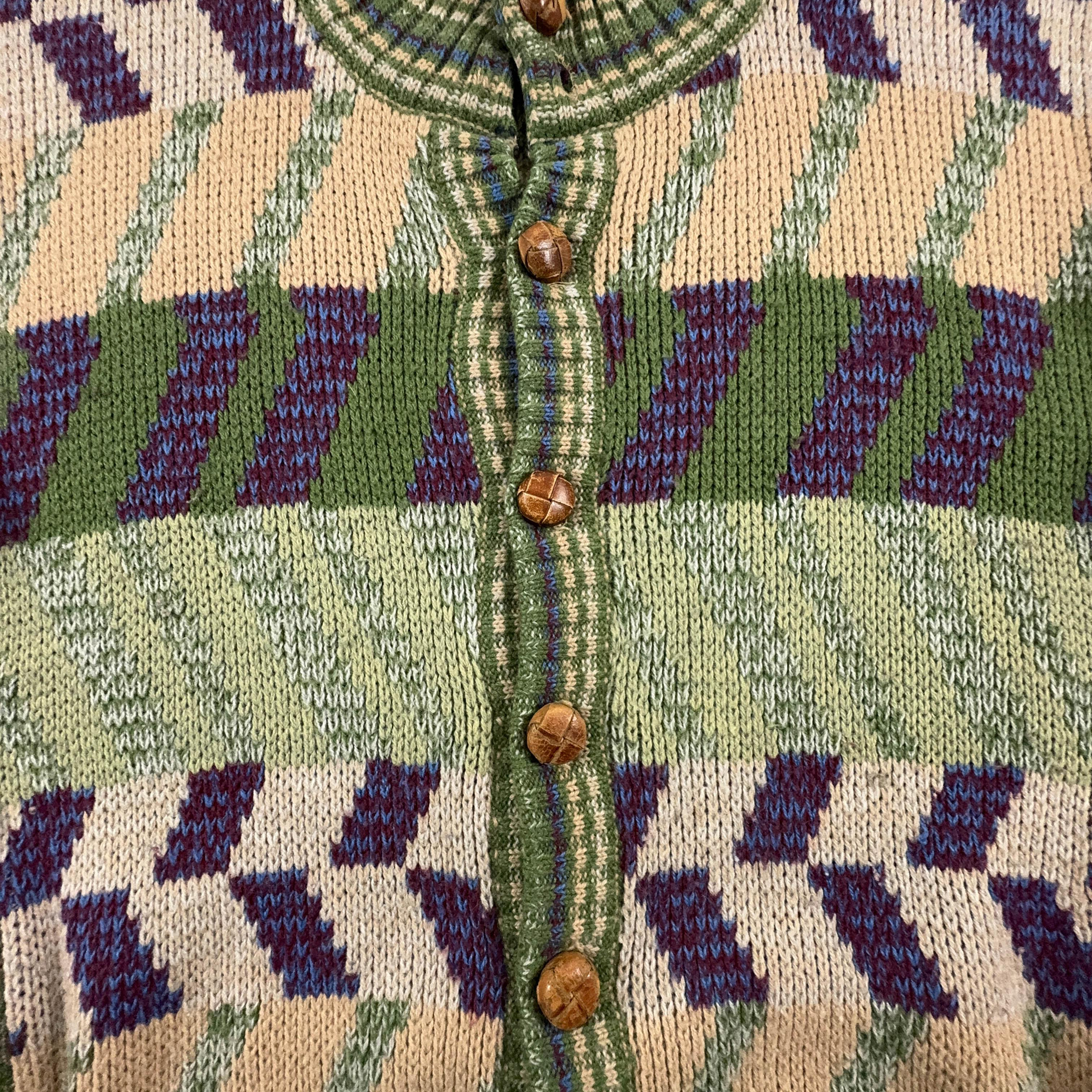 Vintage Green Geometric Pattern Wool Blend Button Up Cardigan - Size L/XL Men