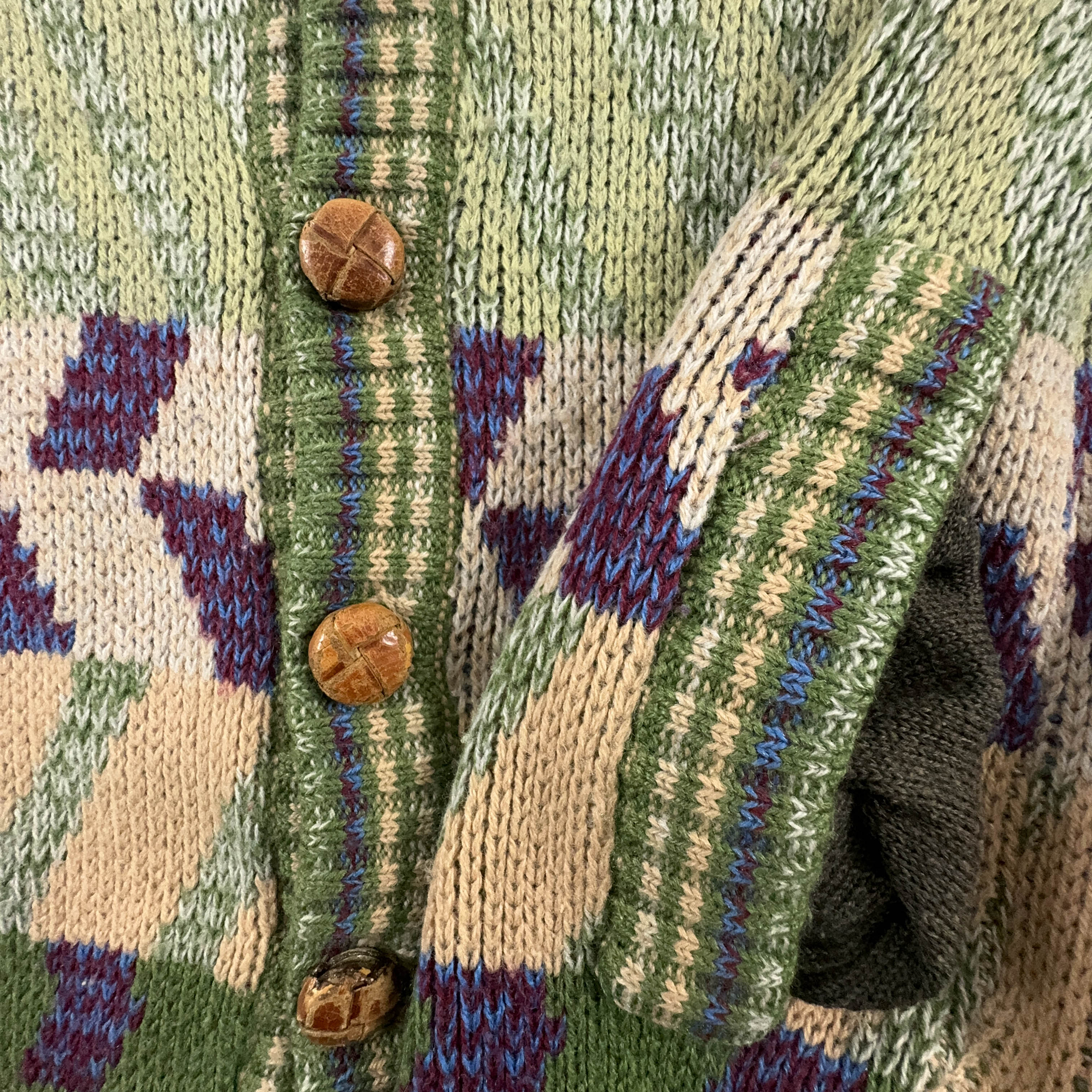 Vintage Green Geometric Pattern Wool Blend Button Up Cardigan - Size L/XL Men
