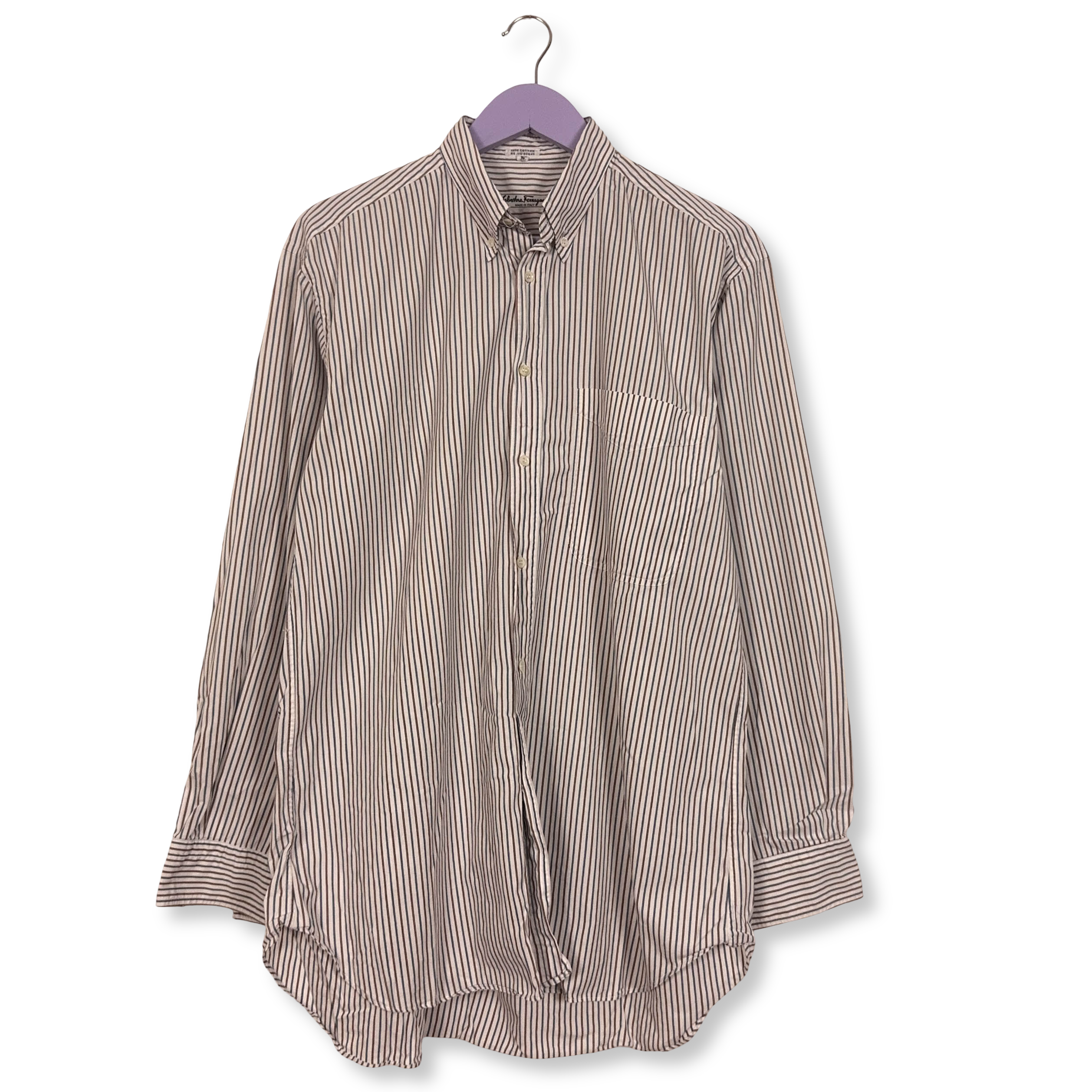 Camicia Ferragamo Vintage bianca a righe marroni e blu in cotone - Taglia 16 uomo