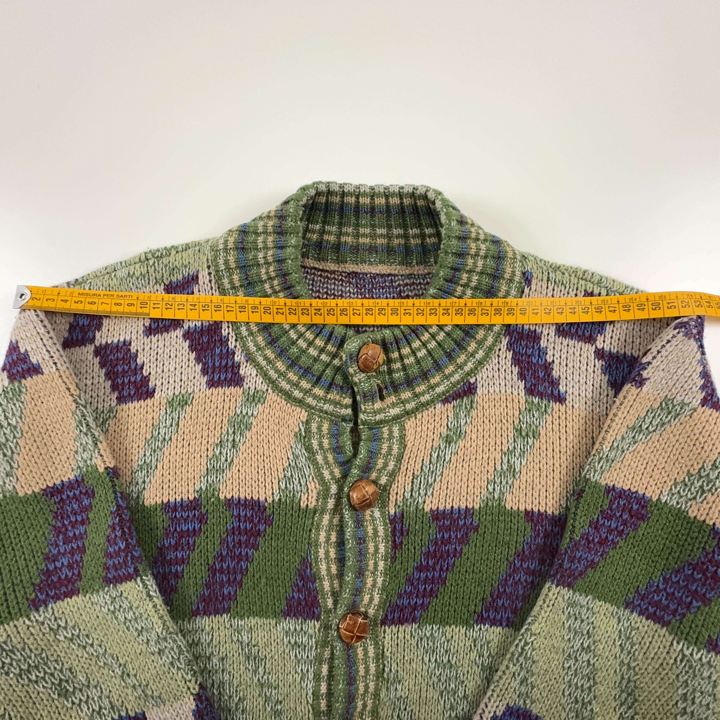 Vintage Green Geometric Pattern Wool Blend Button Up Cardigan - Size L/XL Men