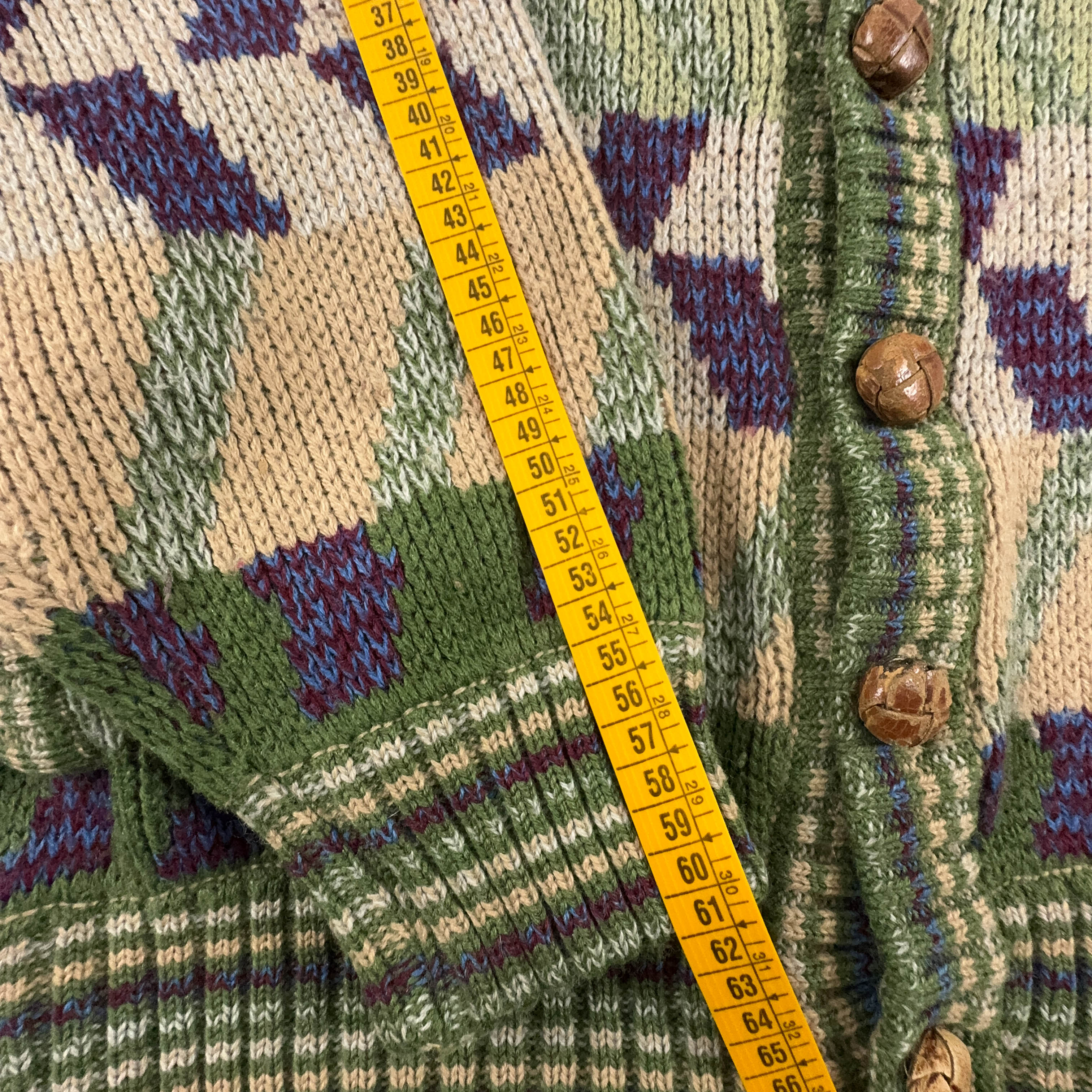 Vintage Green Geometric Pattern Wool Blend Button Up Cardigan - Size L/XL Men