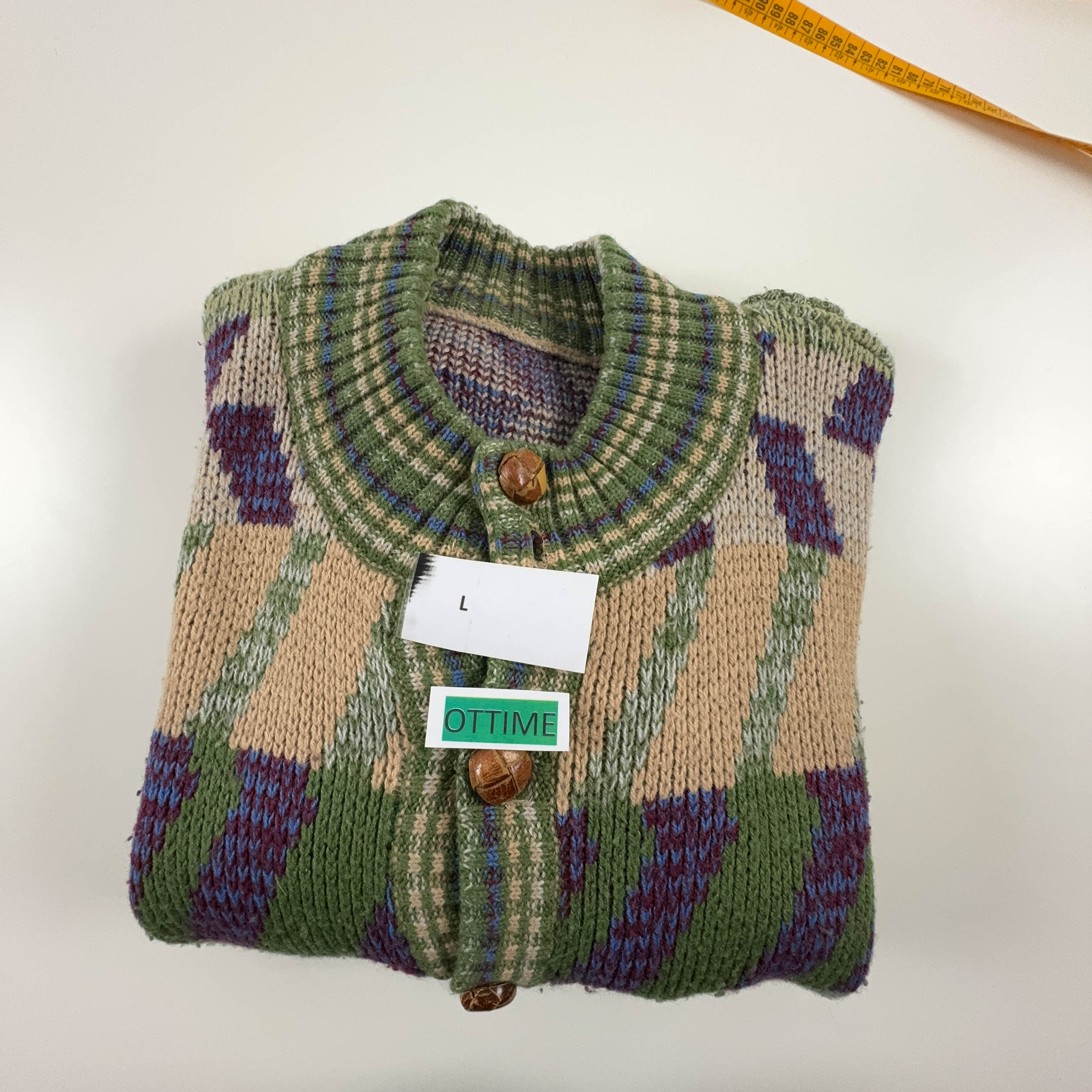 Vintage Green Geometric Pattern Wool Blend Button Up Cardigan - Size L/XL Men